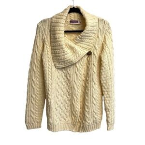 HIGHLAND HOME INDUSTRIES Vintage Wool Aran Cable Knit Cardigan Sweater Cream S